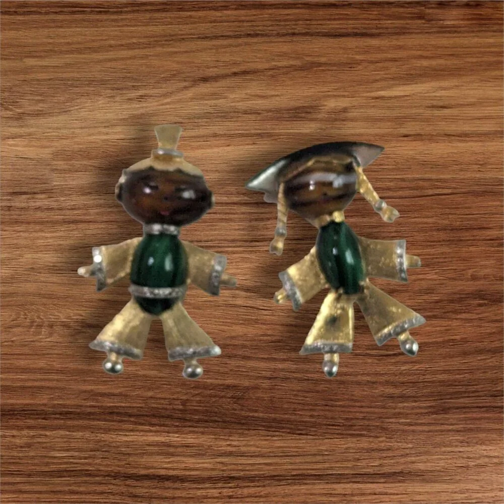 Vintage‎ Asian Figural Brooch Set Gold Tone Green Brown Stone Boy Girl Pins